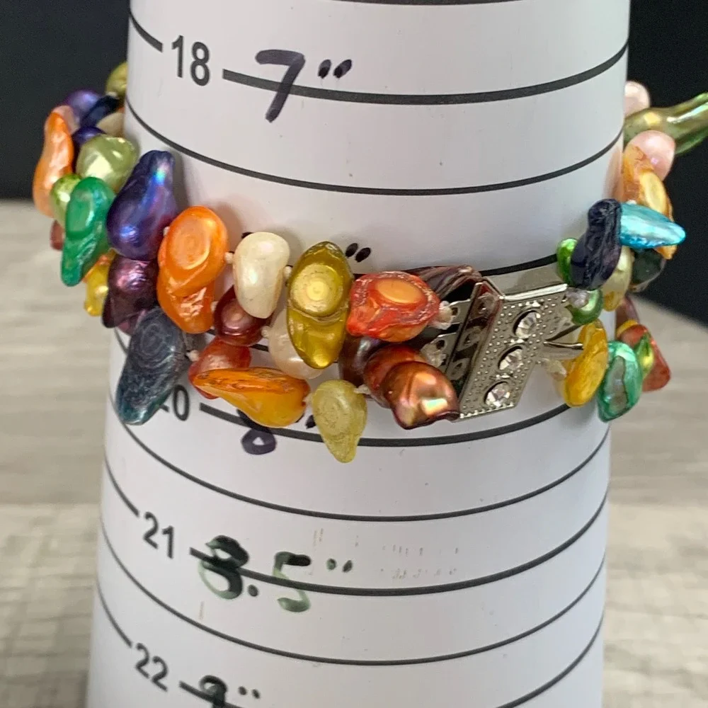 Multi Strand Rainbow Keshi Freshwater Pearl Bracelet Rhinestone Clasp 7.5 Inch